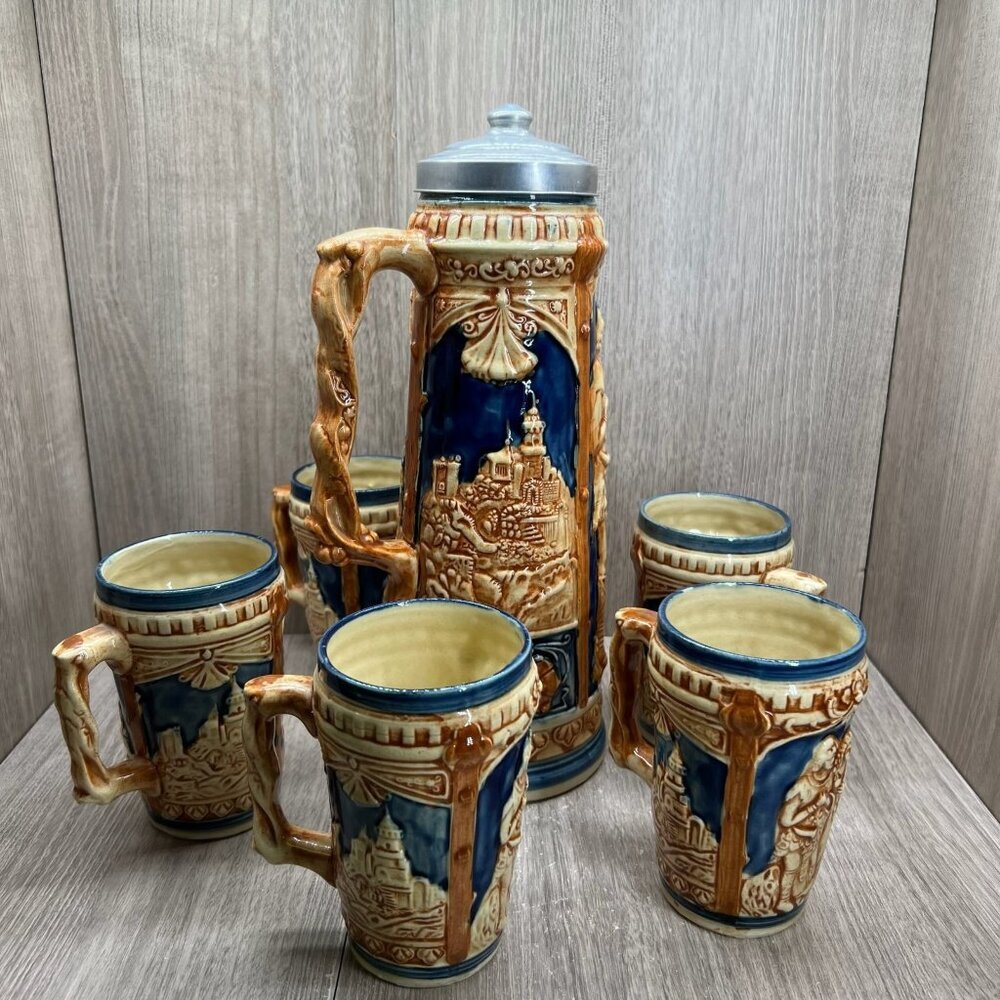 Vtg Ceramic Beer Stein Set w/Lidded Pitcher & 5 Mugs Made in Japan Blue Tan - Picture 1 of 16